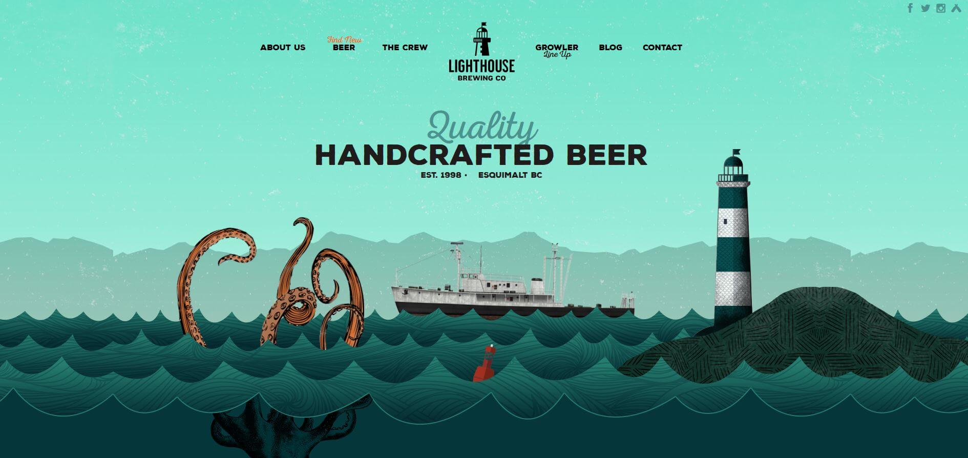 Die Lighthouse Brewing Company Website trifft mit dem Retro Handmade Design die Foodie Zielgruppe.